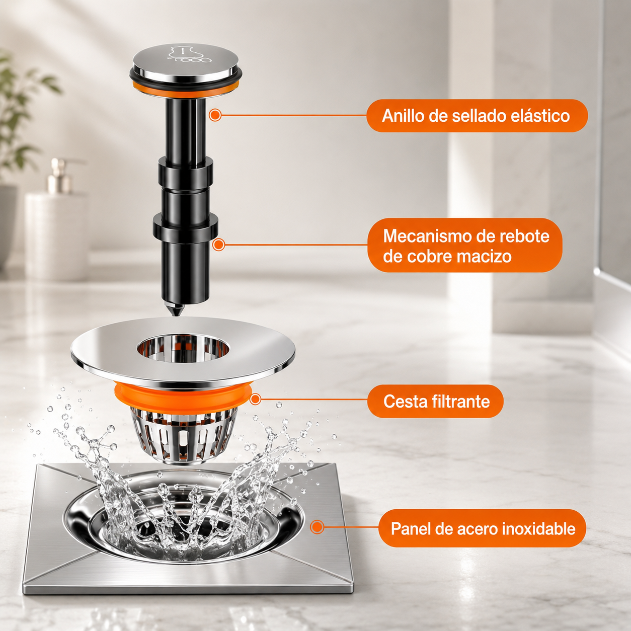 Sistema click para abrir y cerrar el desag&uuml;e con el pie